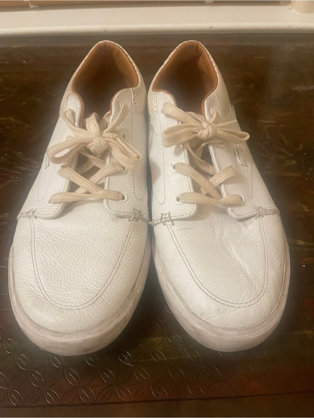 Lacoste White Perforated Low-Top Sneakers with Tan Trim